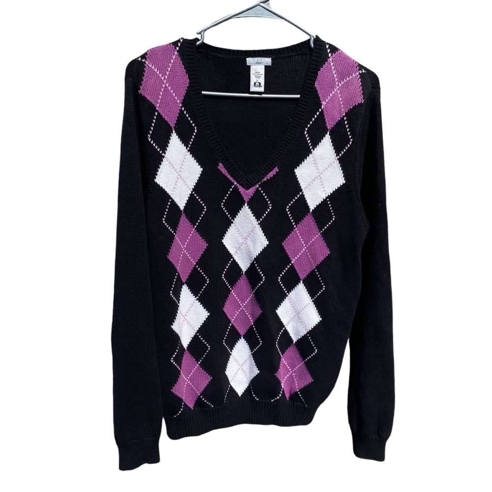 IZOD Woman's Golf Argyle Sweater L Black Pink V-Neck Good Cotton Knit Preppy